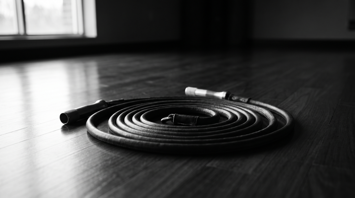 Black-and-white editorial photograph of a weighted jump rope coiled on a dark gymnasium floor