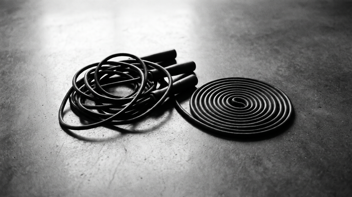 Black and white editorial photograph of a weighted jump rope laid out in two different coiled shapes on a dark concrete studio floor